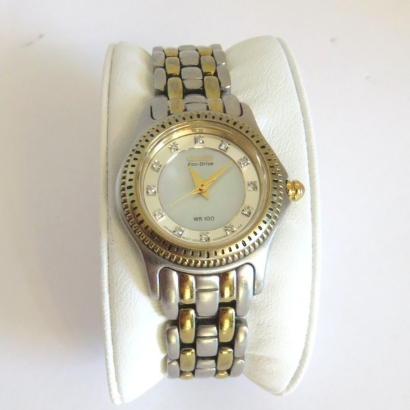Citizen Eco-Drive Womens Two Tone Watch Mother of Pearl Sapphire Jeweled Dial